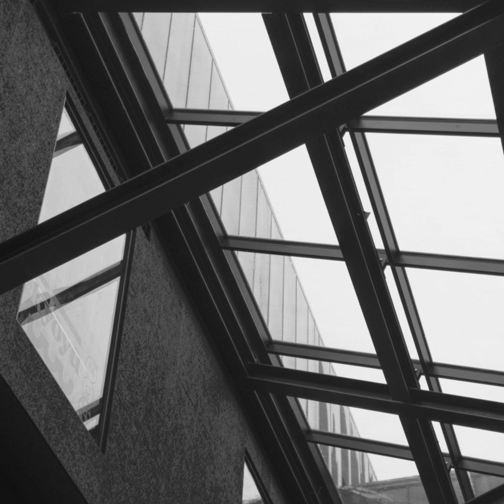 An abstract photo in black and white using a metal and glass skylight as the subject.