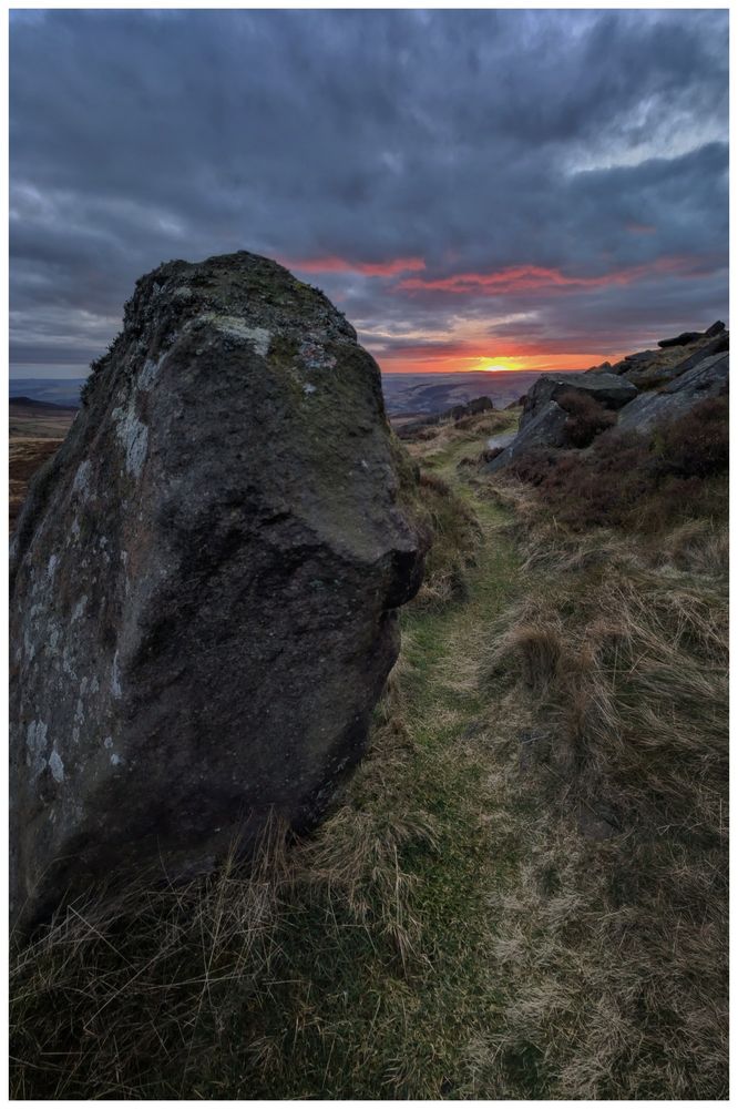 Sunset at Stanage Edge in the Derbyshire Peak District.