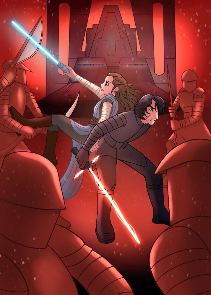 Illustration of the scene in Star Wars The Last Jedi where Rey and Kylo Ren are fighting the praetorian guards back to back in Snoke's throne room. 