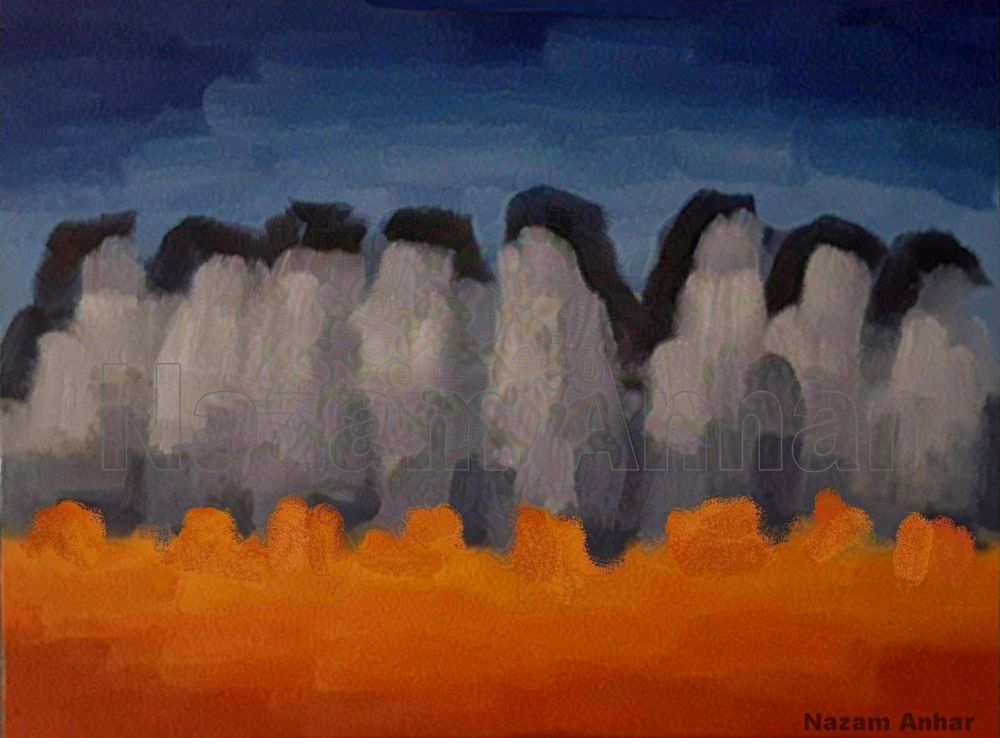 Painting of a group of fairy penguins that have arrived on the beach, marching across the sand together 