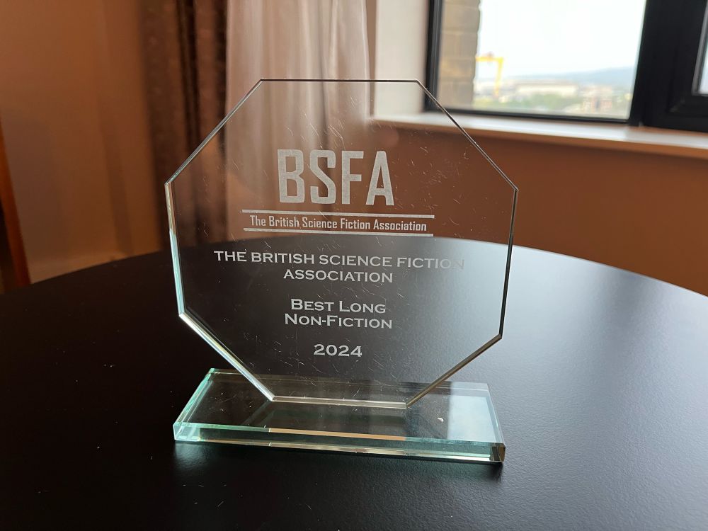 BSFA award trophy for best long non-fiction, 2024, awarded to Track Changes by Abigail Nussbaum.