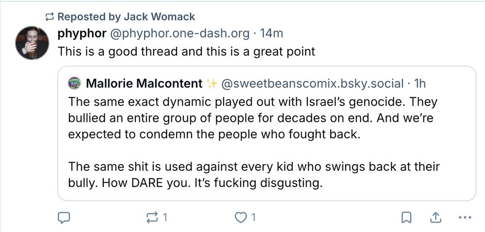 Screenshot of a BlueSky post by user Mallorie Malcontent: "The same exact dynamic played out with Israel’s genocide. They bullied an entire group of people for decades on end. And we’re expected to condemn the people who fought back. The same shit is used against every kid who swings back at their bully. How DARE you. It’s fucking disgusting."

The post is quoted approvingly by BlueSky user phyphor.