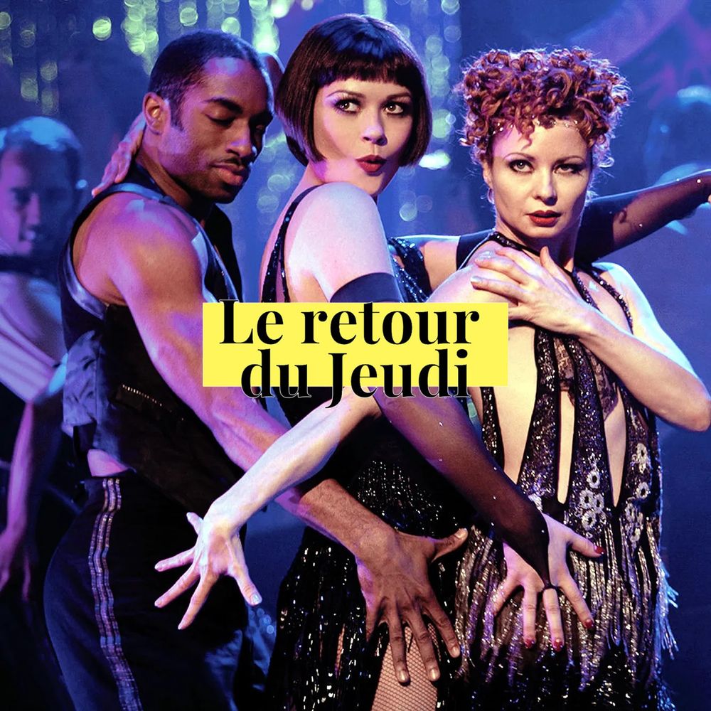 Pochette de l'épisode : capture d'écran du film Chicago, on y voit Catherine Zeta Jones entourée de deux danceurs. Le logo du podcast se trouve au milieu, texte : "Le retour du jeudi" sur fond jaune.