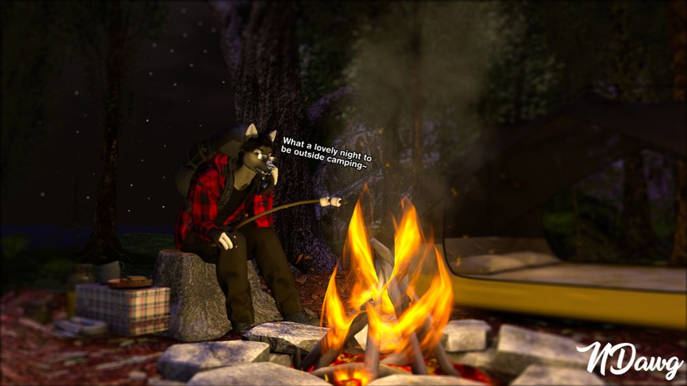 A handsome wolf in a plaid shirt roasting marshmellows on a fire outdoors at night. However the text from the post indicate something might be more at hand then meets the eye~
