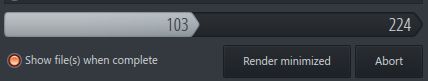 Render progress bar in FL Studio showing 103 out of 224 bars rendered