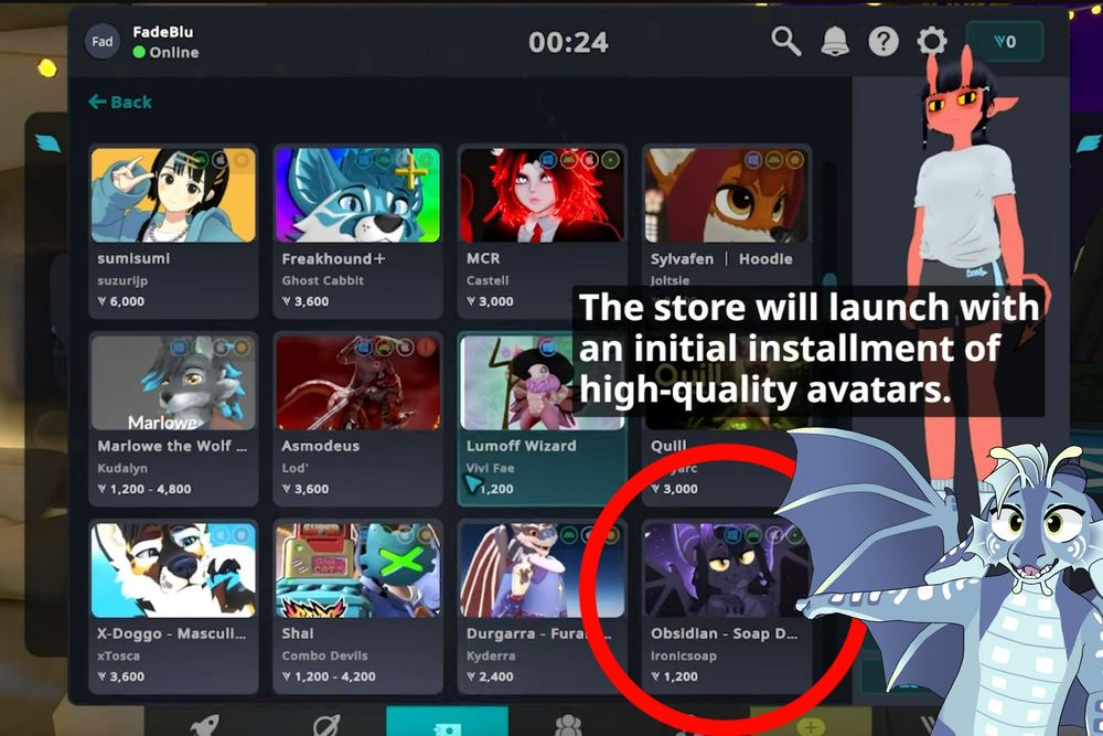 screenshot of the VRChat Avatar Marketplace announcement video with a red circle over my "Obsidian - Soap Dragons" avatar, with the blue water dragon Soap Dragon pointing at it