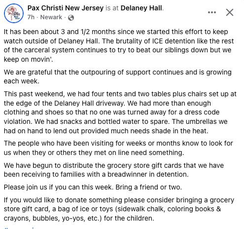 Pax Christi New Jersey thanks to everyone who continues to help families with detainees inside Delaney Hall
