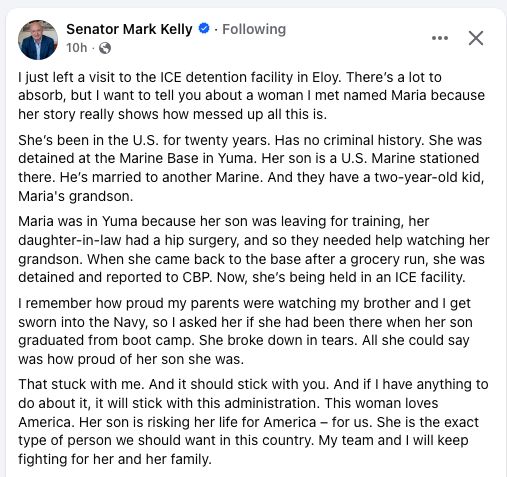 Senator Mark Kelly on meeting a detainee at ICE Eloy. Her son is a Marine, she's been here for 20 years and has no criminal history. She was on base helping with her grandson when ICE detained her.