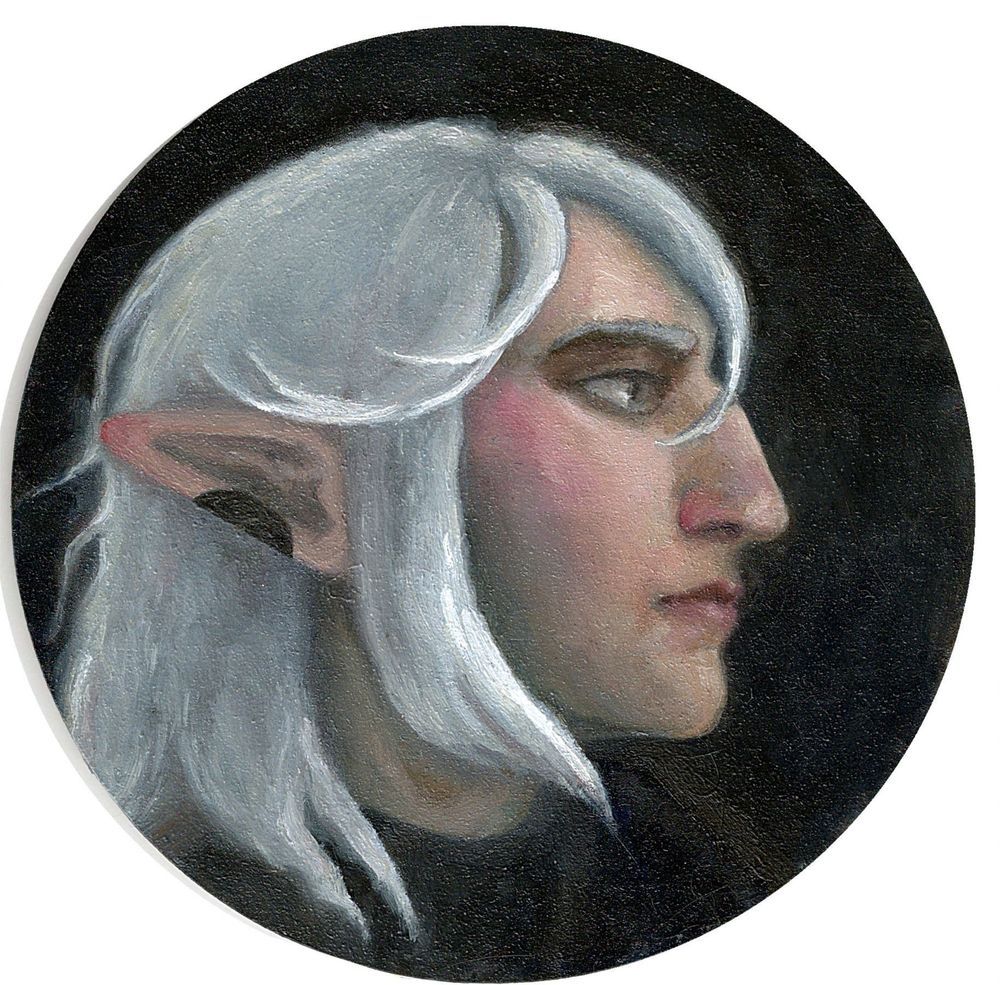 Oil painting showing the profile of Haurchefant of the Silver Fuller from FFXIV. He is a white Elezen with a lovely aqualine nose. His hair is white with a blue undertone. 