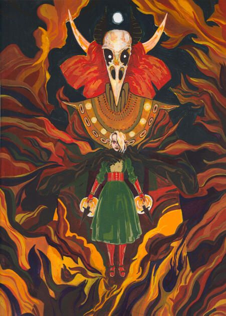 A gouache painting showing a fire wreathed demonic force with a bird-like skull grasping a young, white haired high elf by the shoulders. She appears to be levitating above the fire. Her dress is green and she wears red books and red vambraces. Her expression is stoic, almost empty.
