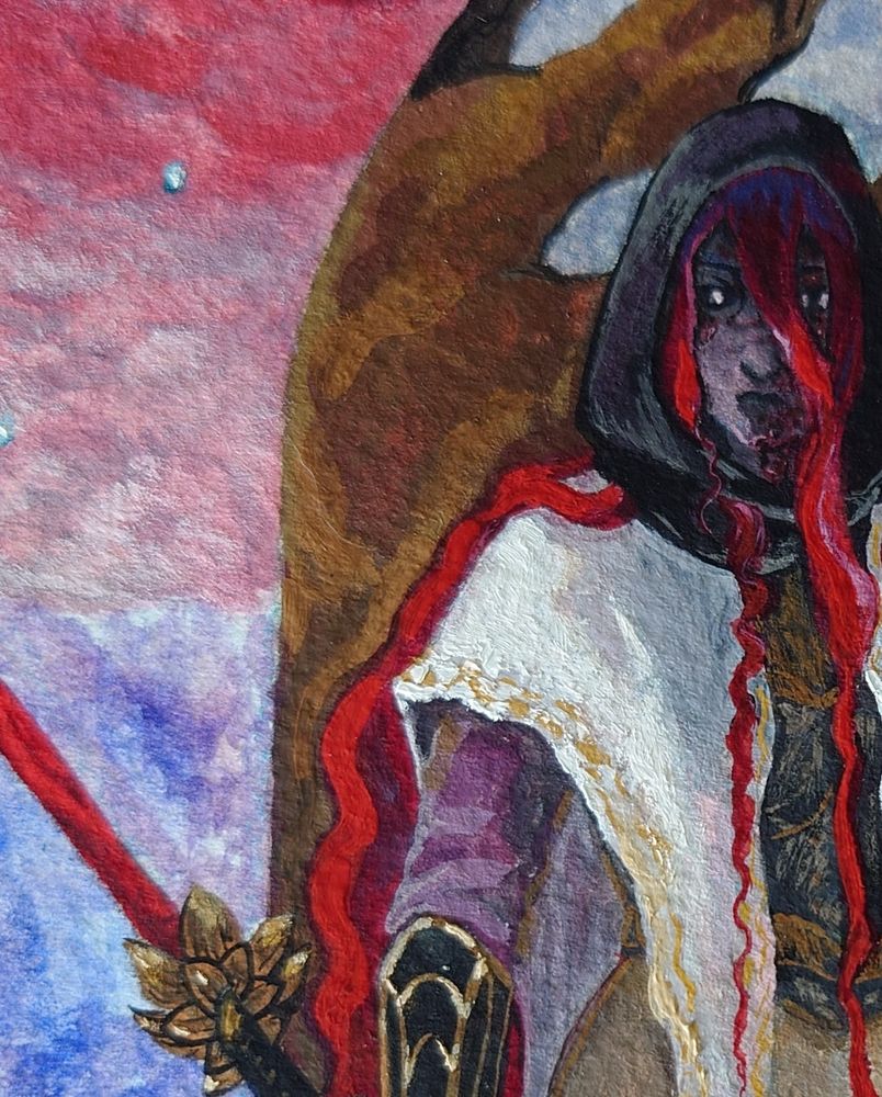 Work in process photograph of a gouache painting. It shows a wooden wearing a hood with long red hair escaping from it. She wears a white cloak over armour. Her face is partially obscured by her hair as though she is trying to hide her heavily scarred skin. She has an annoyed expression