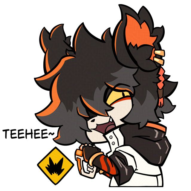 chibi art of aak from arknights, looking over his shoulder with a devious grin and holding his gun, skill ready to activate. please stay outside of his range.