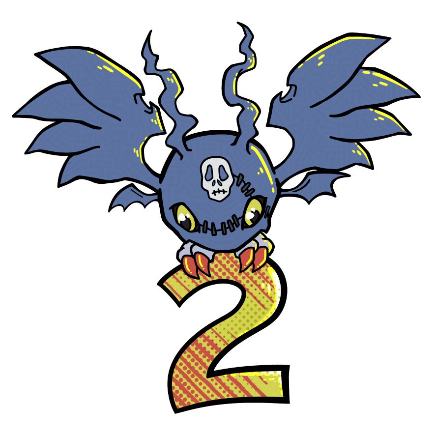 art of demidevimon flying and holding up a number two