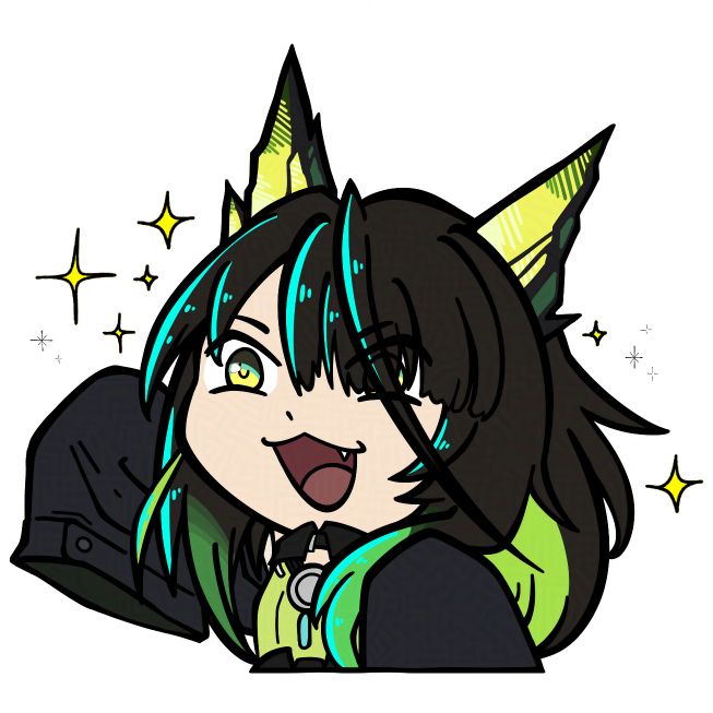 digital art of mon3tr from arknights, with sparkles and a wide smile, waving