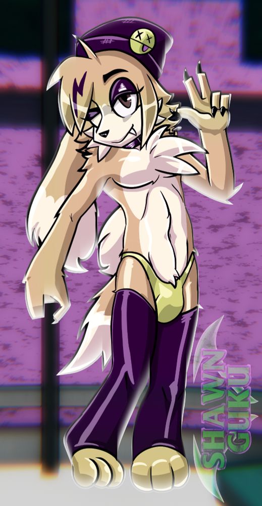 Zinny, a long-eared anthro dog, wearing only thigh-high leg warmers, a lime green thong and a purple hat. He's on stage at a strip club and holding on to the pole, giving a peace sign and winking to the viewer.