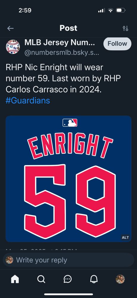 MLB Jersey Number bkuesky account 
@numbersmlb.bsky.s...
RHP Nic Enright will wear number 59. Last worn by RHP
Carlos Carrasco in 2024