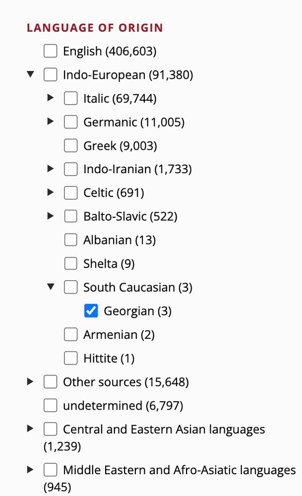 screenshot from online OED showing a list of Indo-European languages that includes Georgian under the subgroup South Caucasian.
