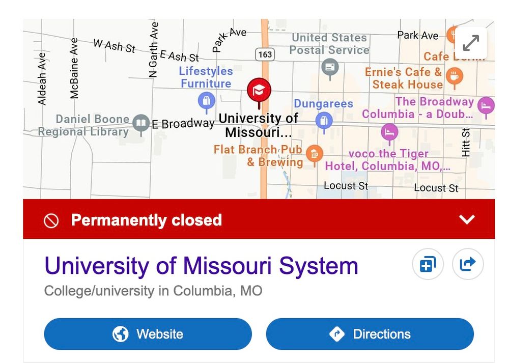 Search result showing a map with the University of Missouri System and the label "permanently closed"