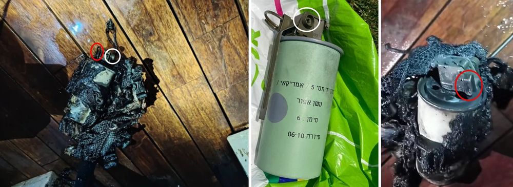 Left and Right: Grenade recovered aboard Alma. Centre: Israeli smoke grenade. The grenade fuze seen is consistent with the construction of Israeli grenade fuzes, but these features are not exclusive, according to experts. The grenade found at Alma appears to have a similar green paint. The peripheral protection for the split pin is circled in white. The external clip for the safety pin is circled in red. (Credit: Mauricio Morales/Al Jazeera; Israel Police; Facebook/العشرية السوداء)
