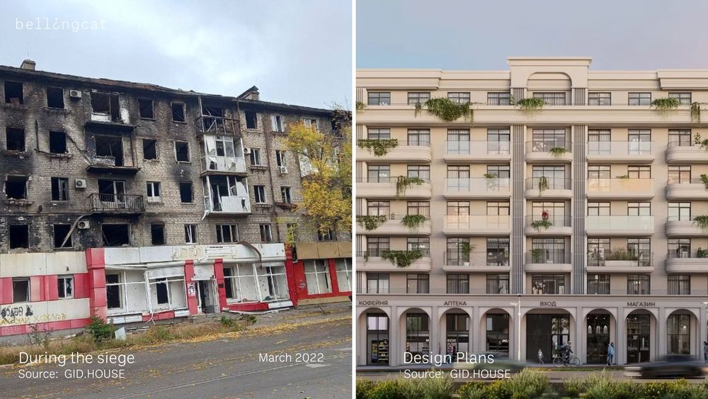 Imagery of residential buildings destroyed and then the construction ongoing in Mariupol