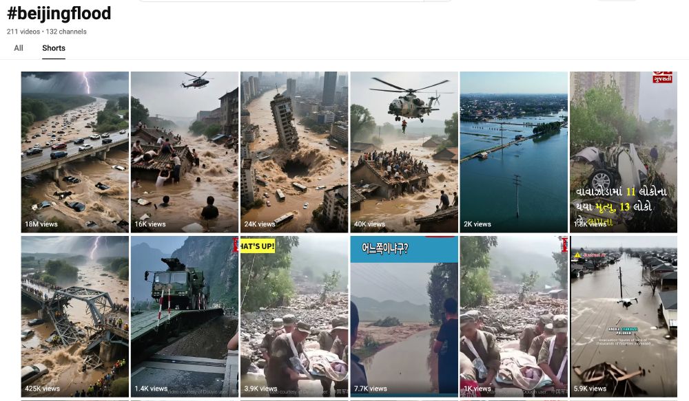 Top five results with the highest views for #beijingflood were all AI generated videos. Credit: YouTube.