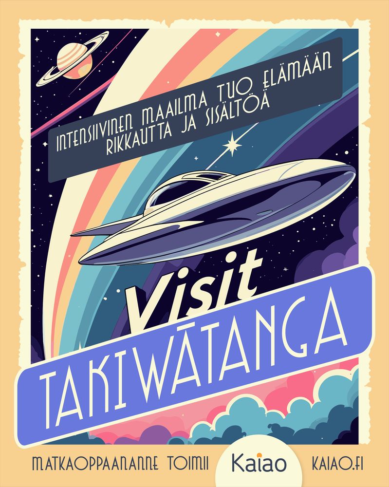 50-luvun maalauksellinen scifimainos, jossa lentävä lautanen, ilmeisesti renkaallisen planeetan yläilmakehässä

Tekstit ylhäältä alas

Intensiivinen maailma tuo elämään rikkautta ja sisältöä

Visit Takiwatanga

Matkaoppaananne toimii Kaiao, kaiao.fi

