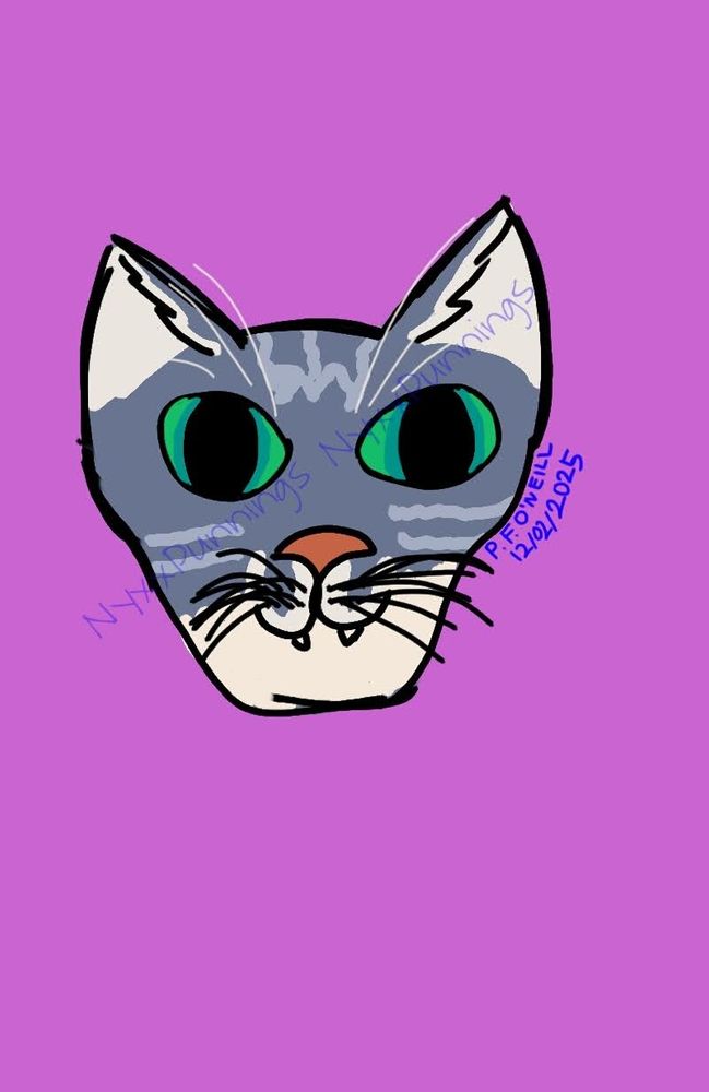 A doodle of a grey tabby cat on a pink background 