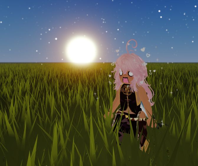 a roblox avatar made based on the character Megurine Luka, standing on a grassy field and a sunset behind 