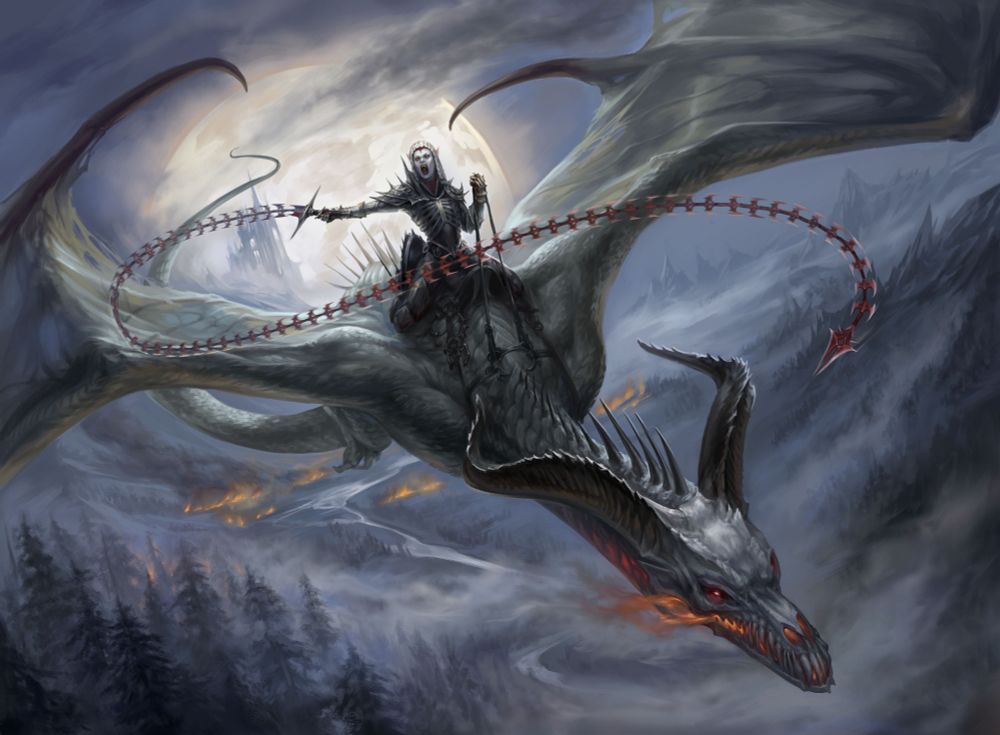 A vampire rider and her undead dragon companion fly over a misty forest, a full moon lights the night. 