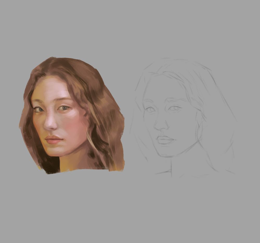 Portrait of a young woman in a grey background, painting and sketch. 