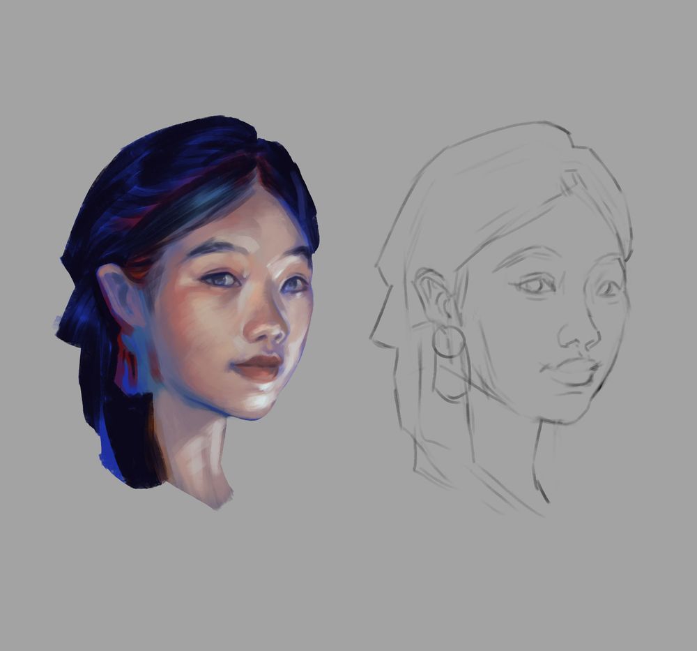 Painting and sketch of a woman with grey background. 