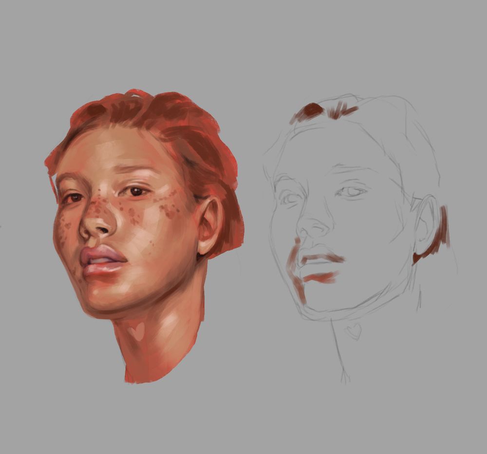 Painting and sketch, portrait of a young woman with freckles in a grey background. 