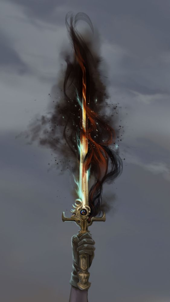 A hand raising a sword of light and darkness.