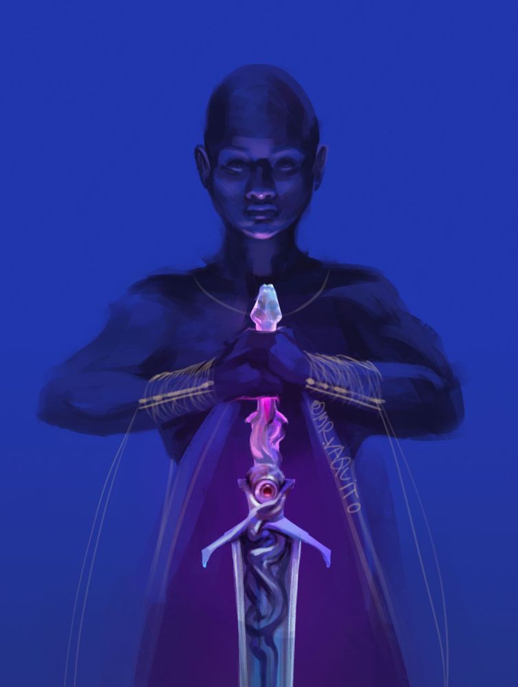 Wizard (bald) holding a crystal prophetic sword. 