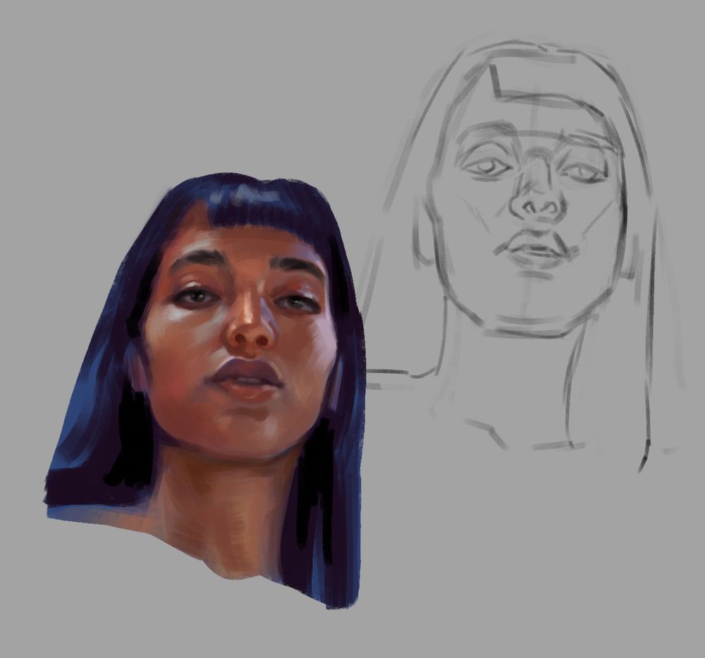 Portrait and sketch of a woman with a grey background. 