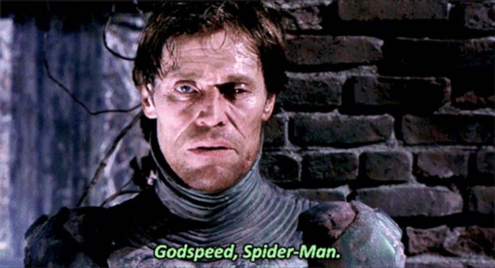 a close up of a man with the words godspeed spider-man written on the bottom