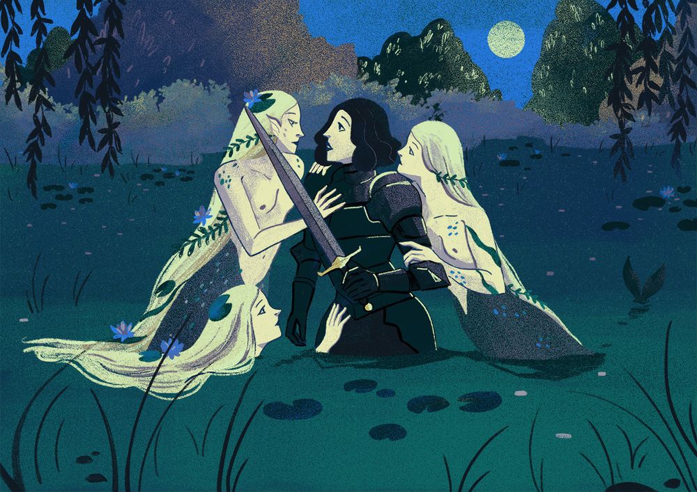 illustration of a knight trapped by 3 mermaids