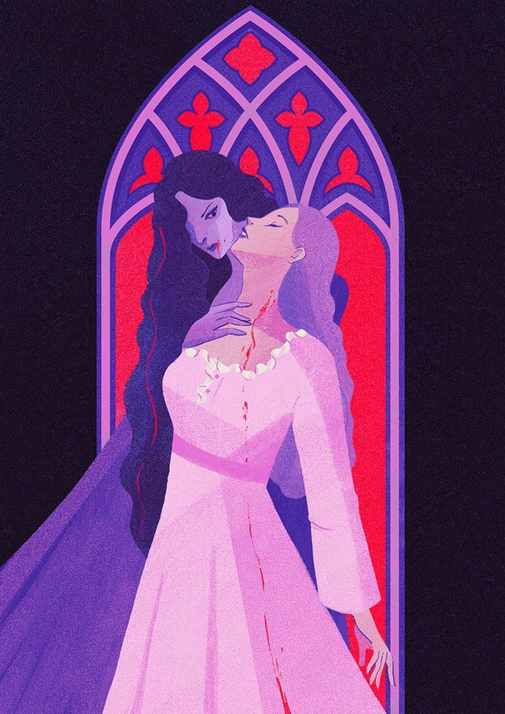 illustration of a lesbian vampire holding a human woman in front of a stained window. Blood is dripping from the vampire mouth and from the human's neck.