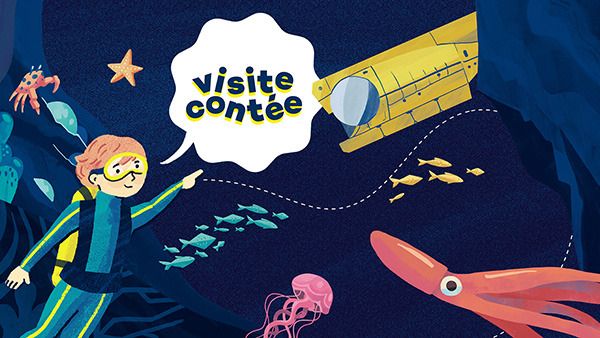 Illustration of a child diving under the sea
a speech bubble with the words "visite contée" is above him