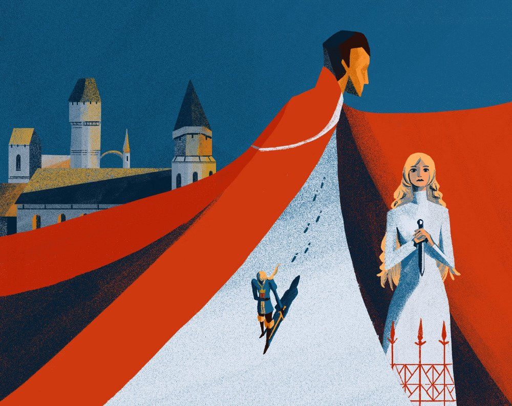 FFT fanart featuring Delita in the center, his red monarch cape cuts the composition in several bits: a castle can be seen in the back, Ovelia appears in the right side of his cape and Ramza is seen walking through the snow in the middle.