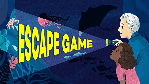 A little girl and a grandpa are lighting up the depths of the sea with a torch light
Text: "ESCAPE GAME"