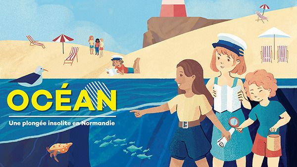 illustration of three children with the beach as a background
The title is "Océan"