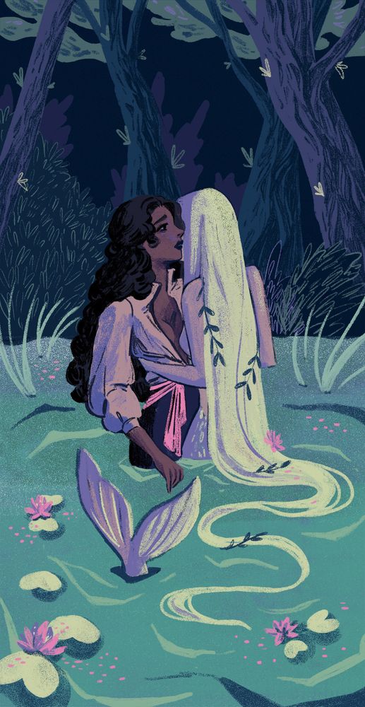 vertical illustration of a sailor and a captain embracing inside a pond within a forest