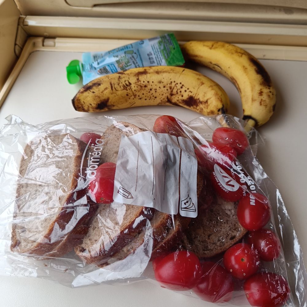 In einer Plastiktüte 3 belegte Brötchen (Wurst, Rillettes, Käse) mit ein paar kleinen Tomaten. Unten, zum Nachtisch, ein Kompott und zwei Bananen.