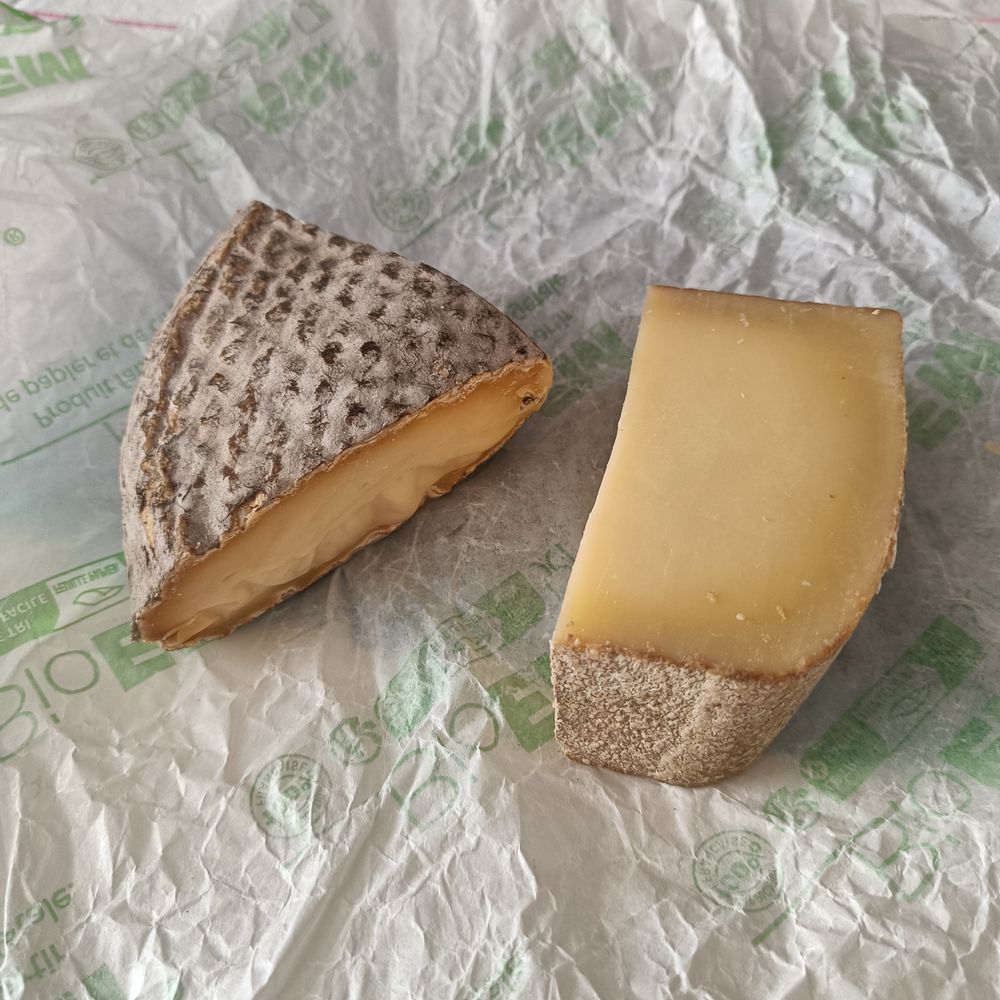 Links ein Stück Saint-Nectaire, rechts ein Stück Comté.