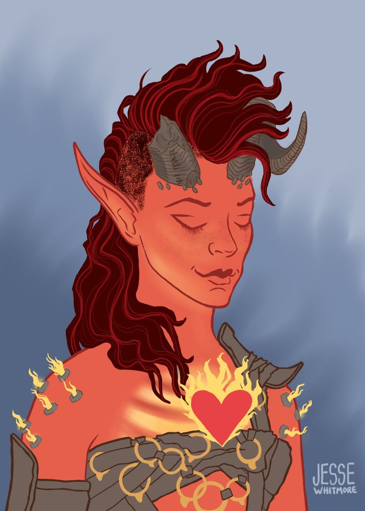 An illustration of Karlach from bg3. 