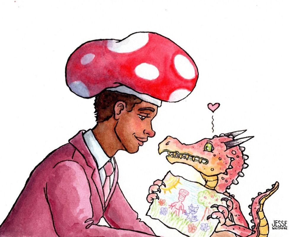 A watercolor illustration of Nathan Kaiber and Kilnip from season 1 episode 10 of Dungeons and Dragons and Dramas. Kilnip the kobold is showing Mr. Kaiber her artwork of them. There's a little pink heart floating above her head. 