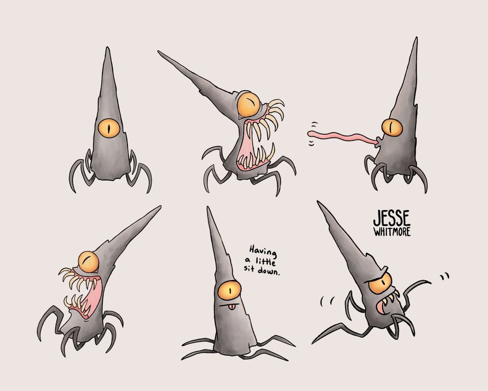 Fan art of the piercer creature from D3's third episode. There are six drawings. The poses range from standing, sitting, running, chomping with a mouthful of fangs, and sticking its tongue out.