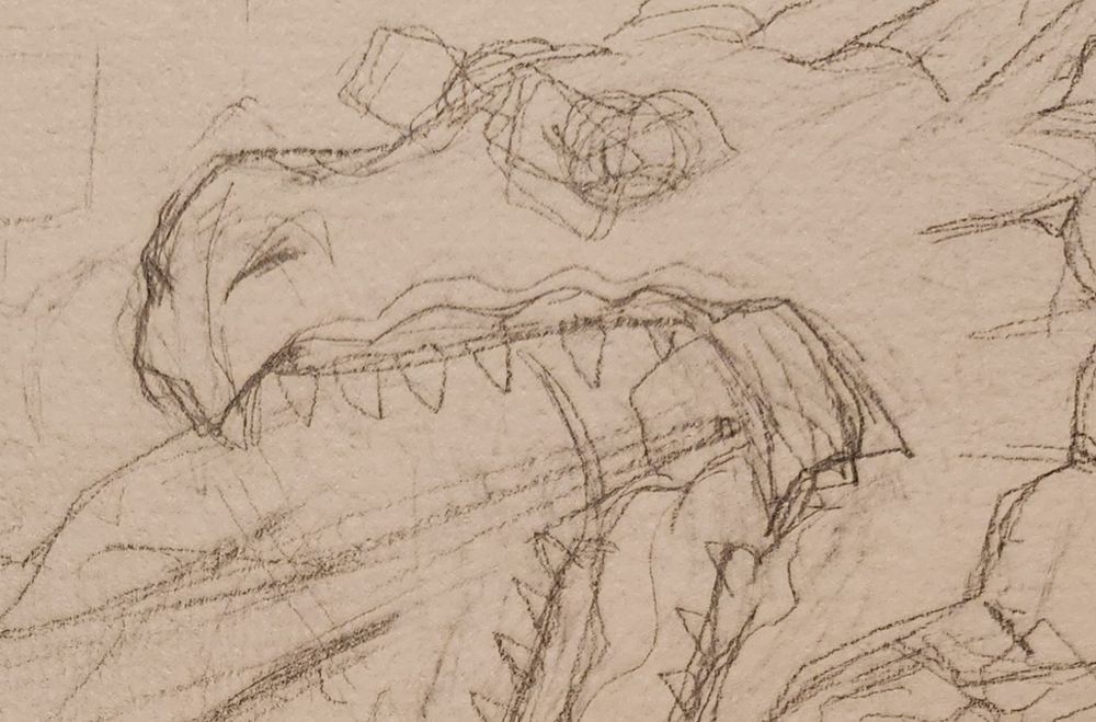 A super loose sletch of an illustration idea. It's a closeup of a dragonborn wearing glasses. He has his mouth open and has lots of sketchy sharp teeth. 