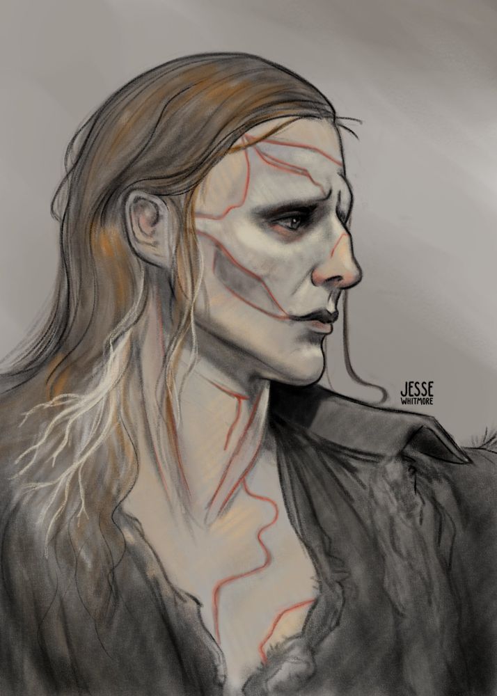 A sketch of the creature from Guillermo del Toro's Frankenstein. 